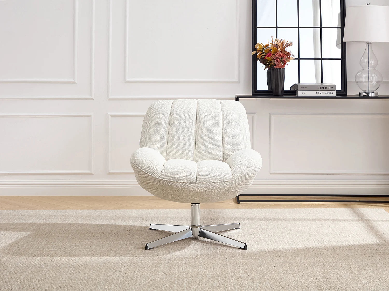Fauteuil Bubble pivotant sur pieds en tissu texturé beige - VOLABO