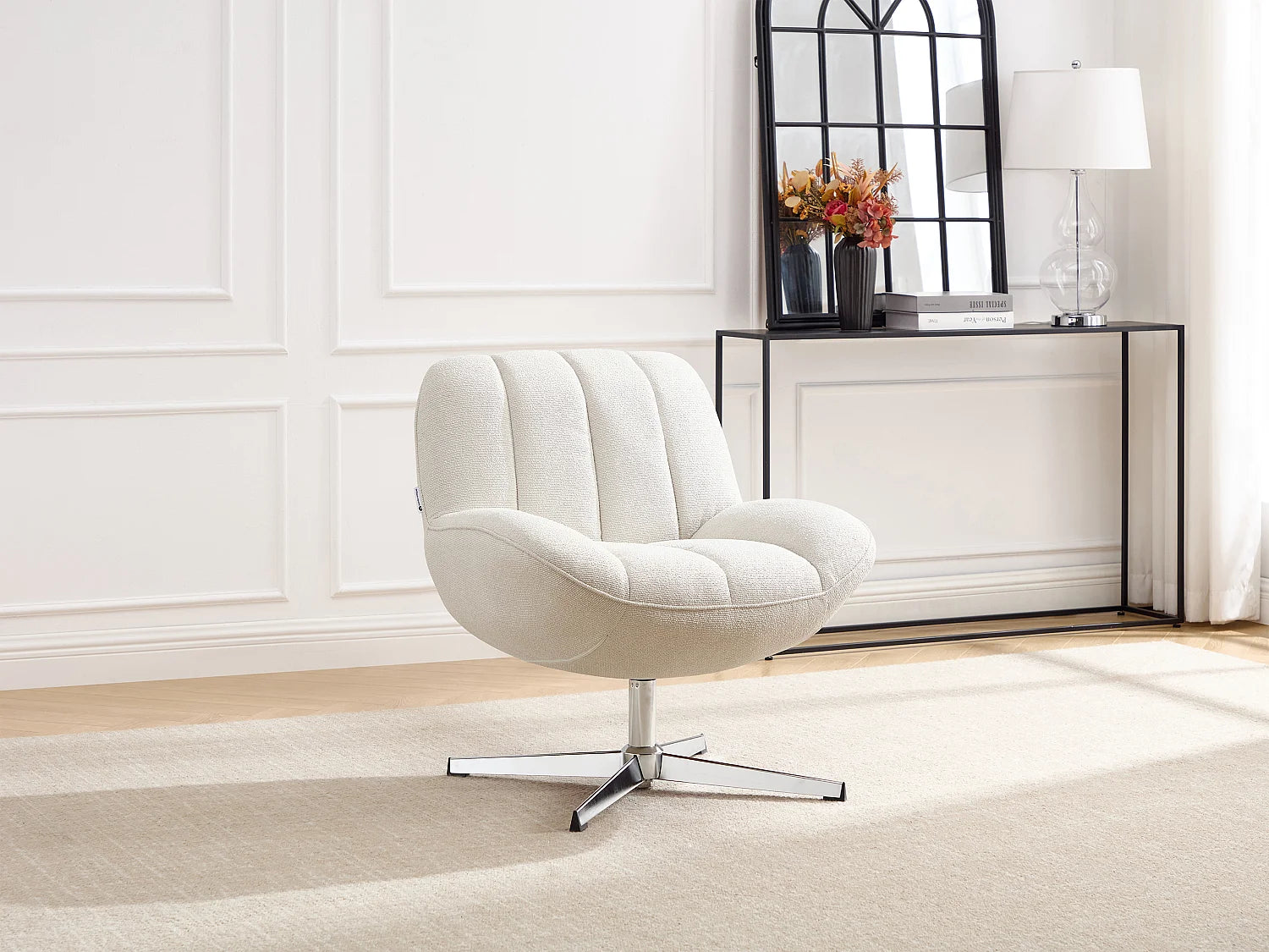 Fauteuil Bubble pivotant sur pieds en tissu texturé beige - VOLABO