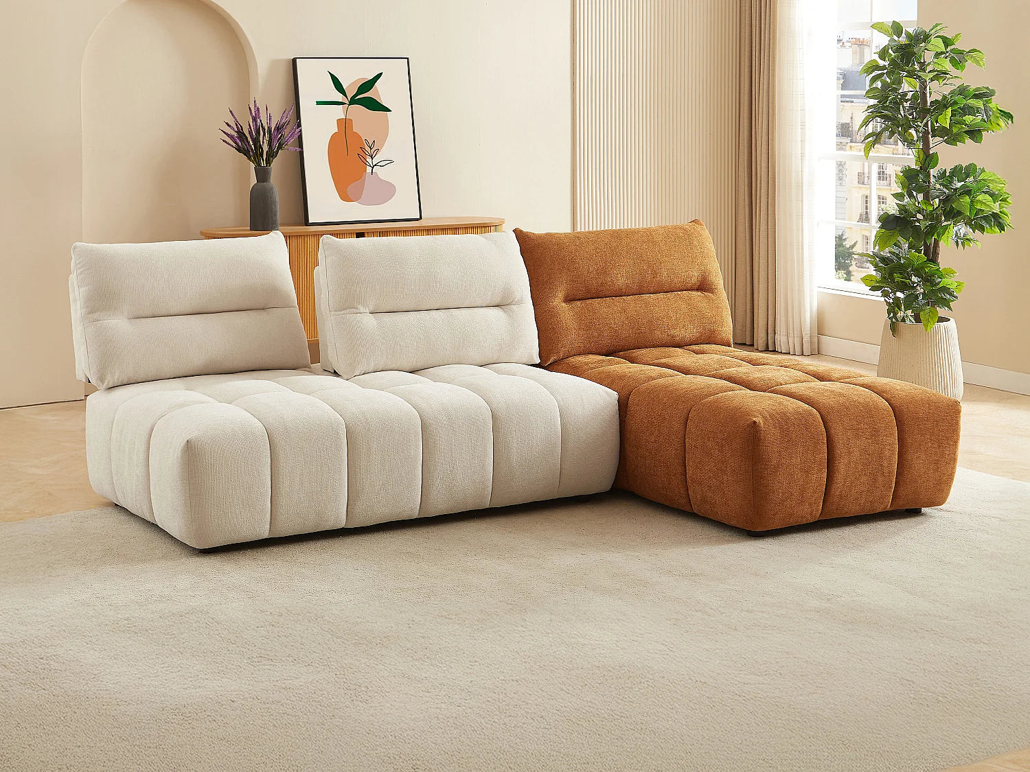 Canapé Bubble d'angle modulable beige et terracotta - APOLIU