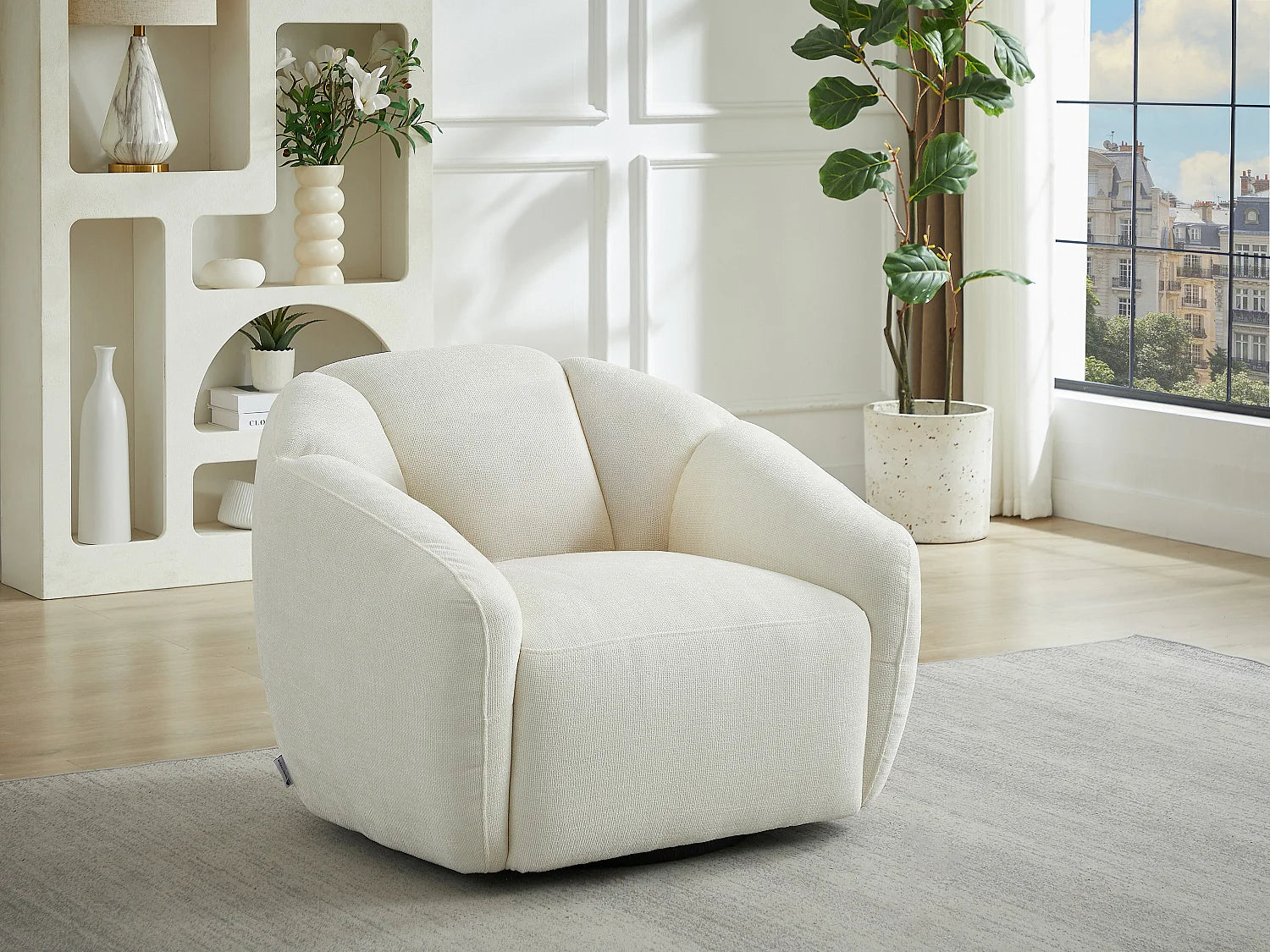 Fauteuil Bubble Confortable pivotant en tissu texturé ivoire - NAFEKI
