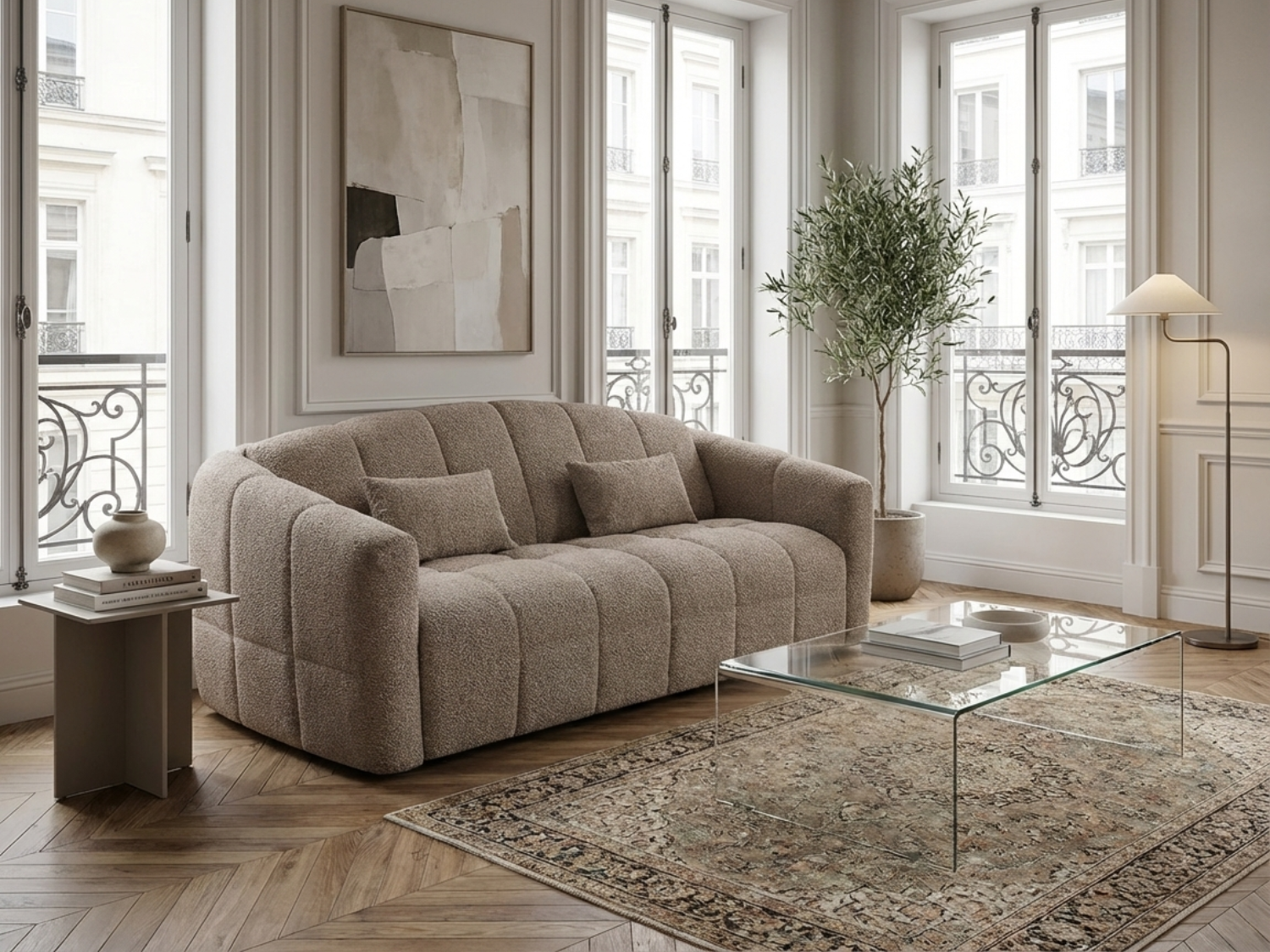 Canapé Bubble convertible express en tissu bouclette taupe - RETUNA