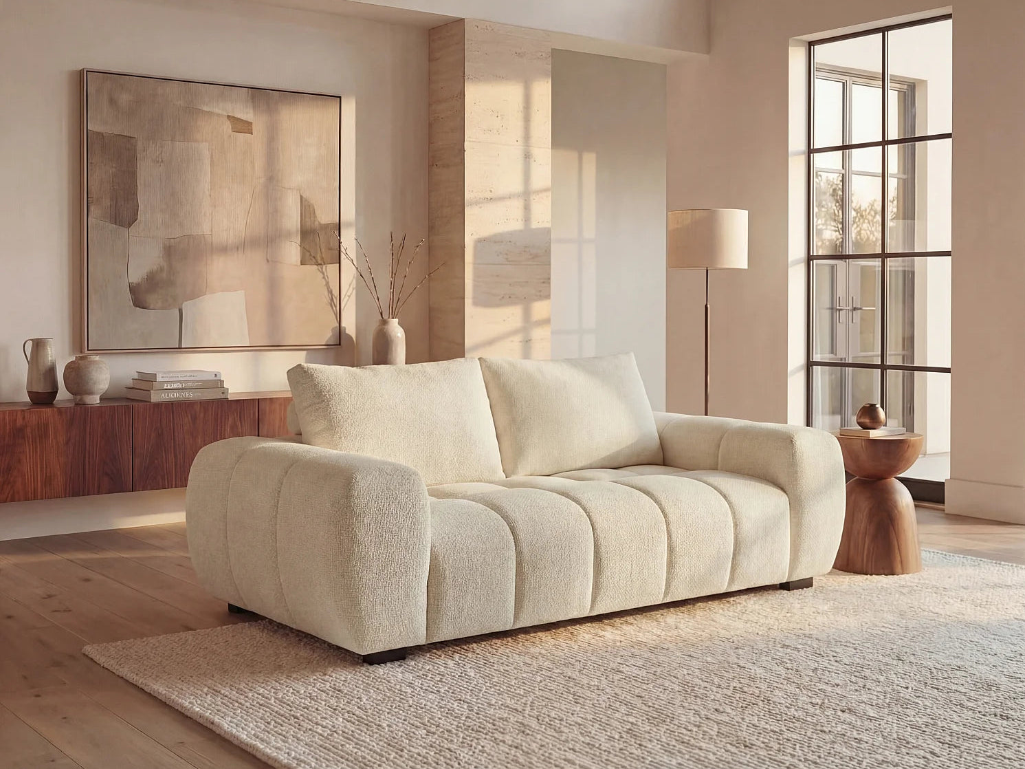 Canapé Bubble Japandi 3 places en tissu texturé beige - BERENIA