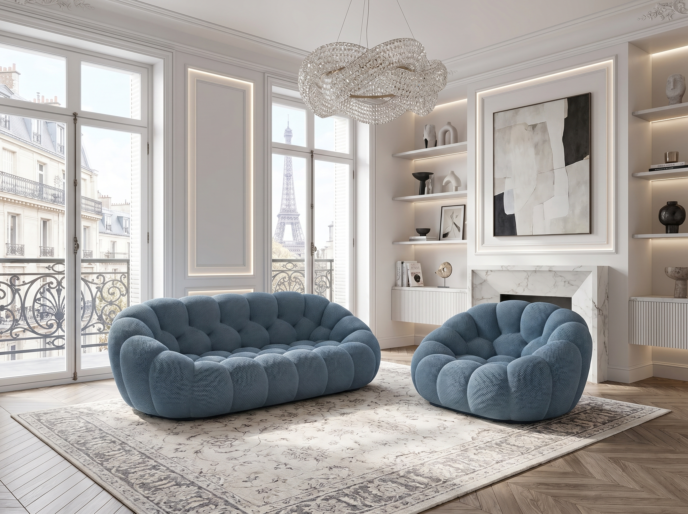 Ensemble Canapé 3 places + Fauteuil Bubble Bleu Ardoise - Coco Living