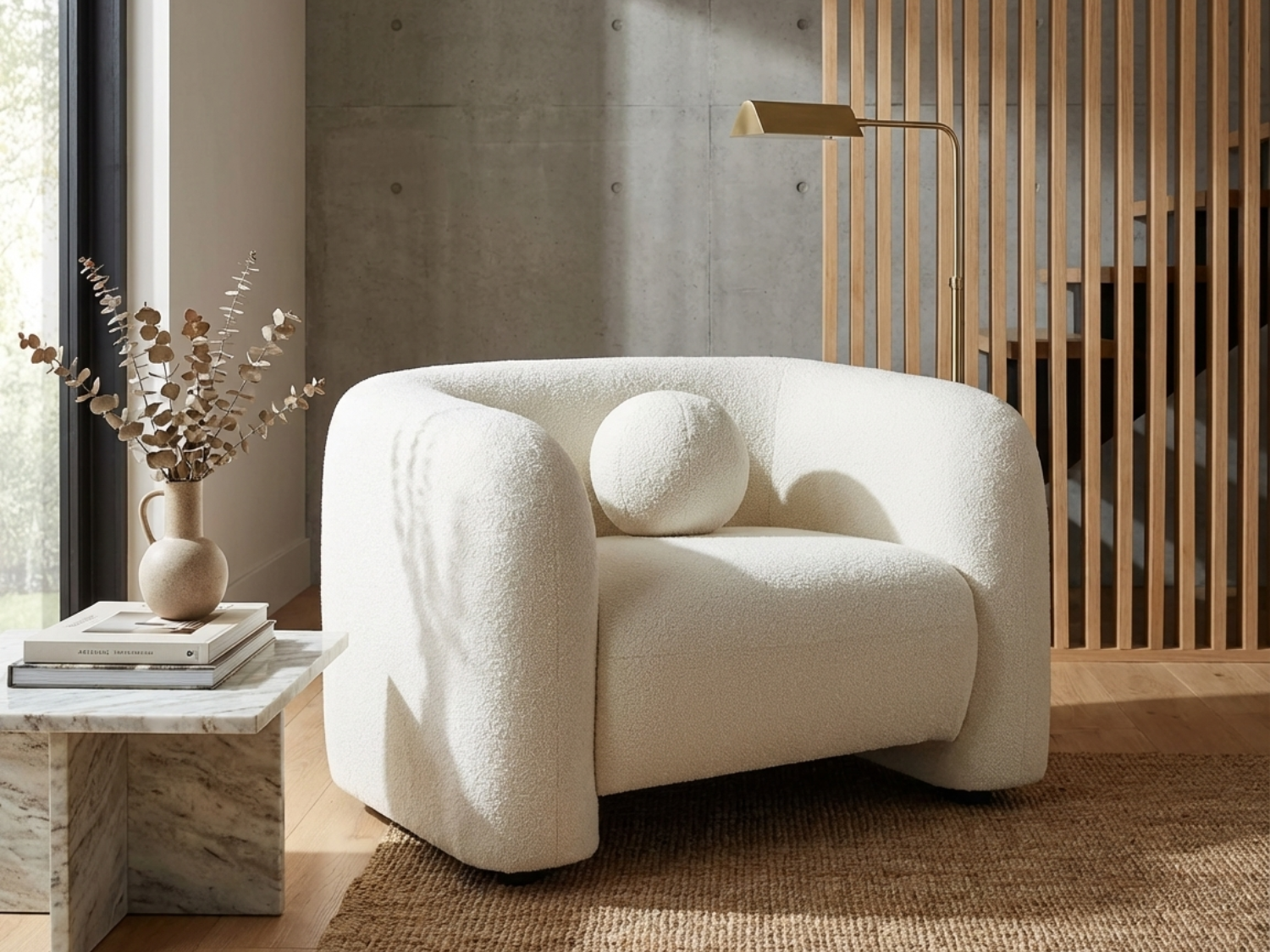 Fauteuil Bubble Moderne en tissu bouclette blanc ivoire - OVOTAS