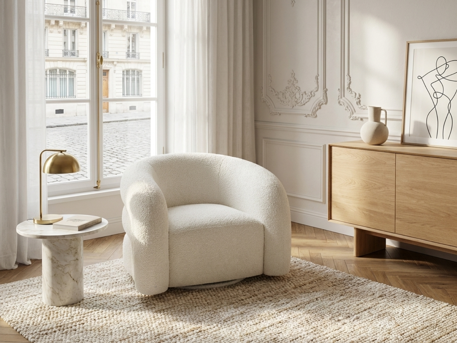 Fauteuil Bubble Design pivotant en bouclette blanc - LAPIOTA