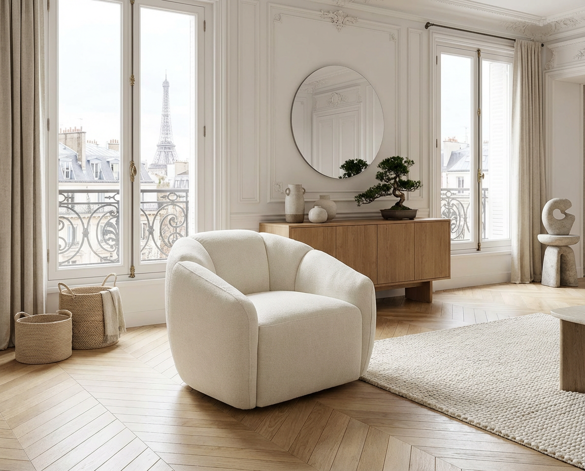 Fauteuil Bubble Confortable pivotant en tissu texturé ivoire - NAFEKI