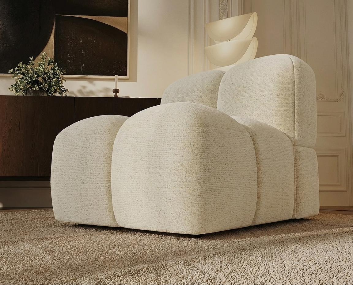 Fauteuil Bubble Japandi en velours texturé crème - NUBI