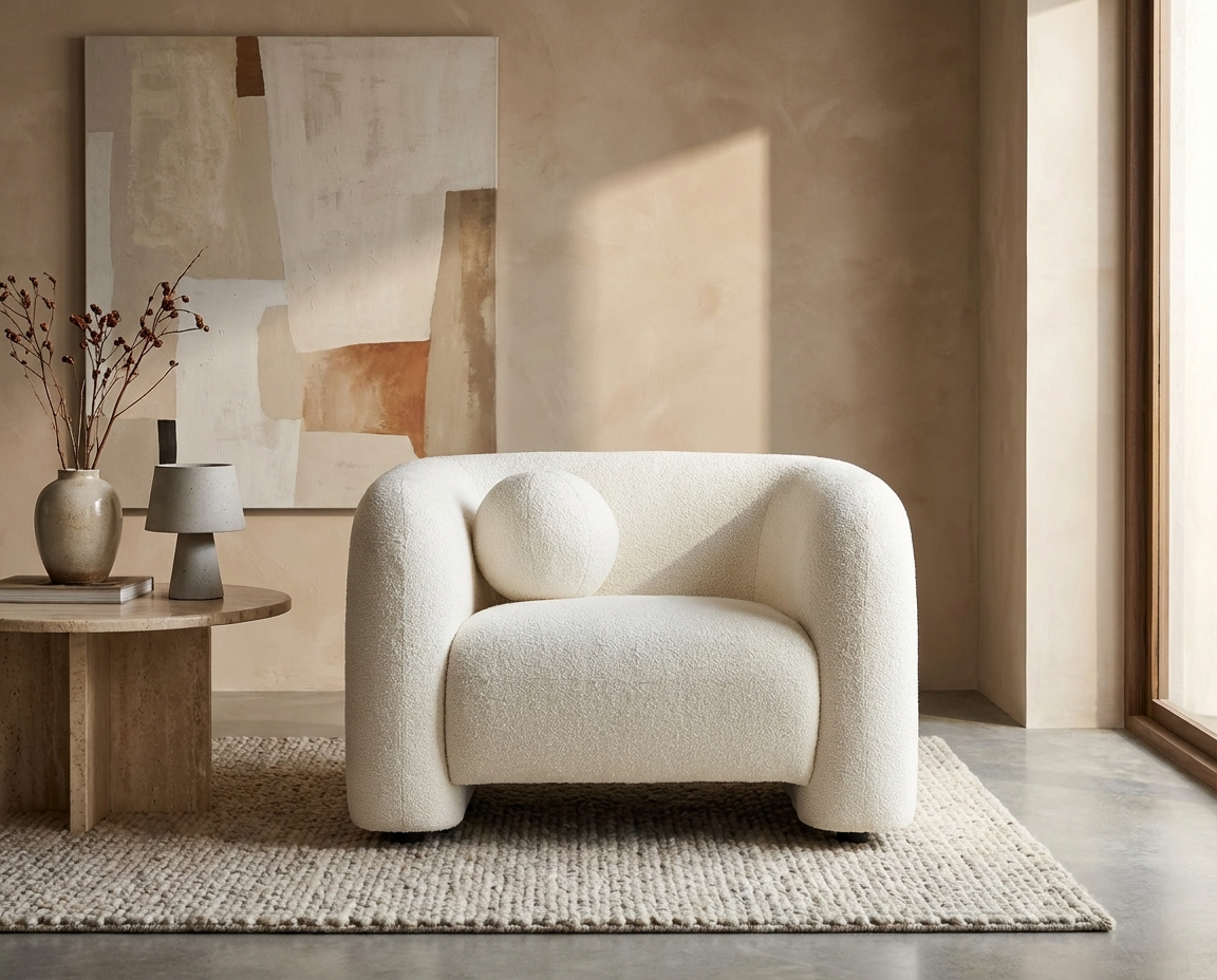 Fauteuil Bubble Moderne en tissu bouclette blanc ivoire - OVOTAS