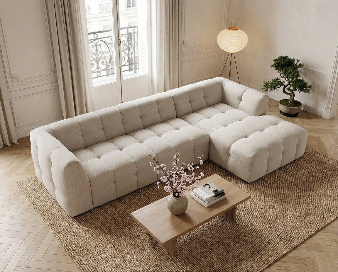 Canapé Bubble d'angle droit 5 places et pouf beige - DILOME