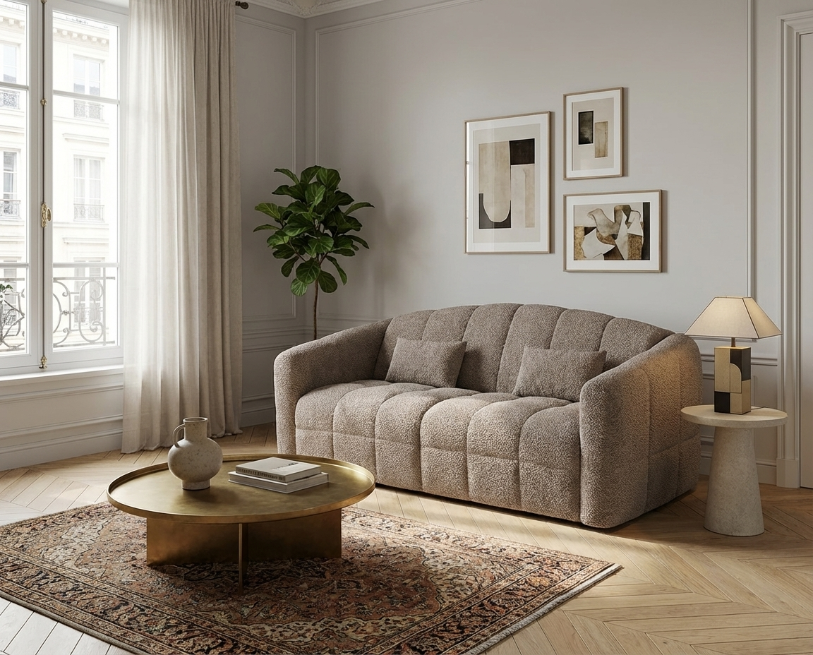 Canapé Bubble convertible express en tissu bouclette taupe - RETUNA