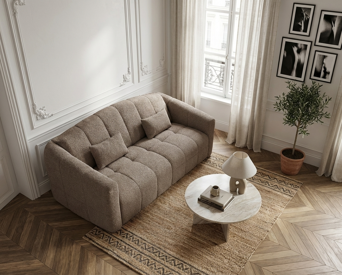 Canapé Bubble convertible express en tissu bouclette taupe - RETUNA