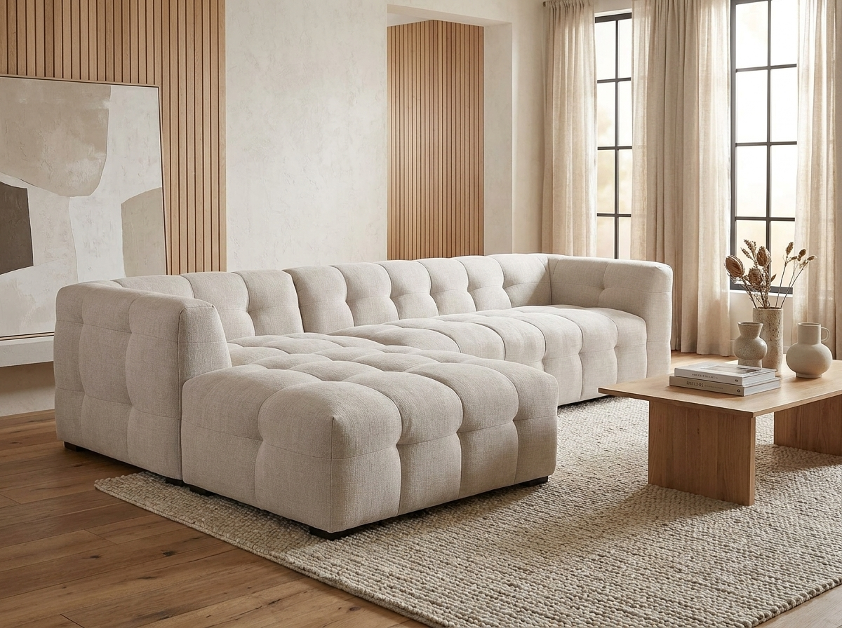 Canapé Bubble d'angle droit 5 places et pouf beige - DILOME