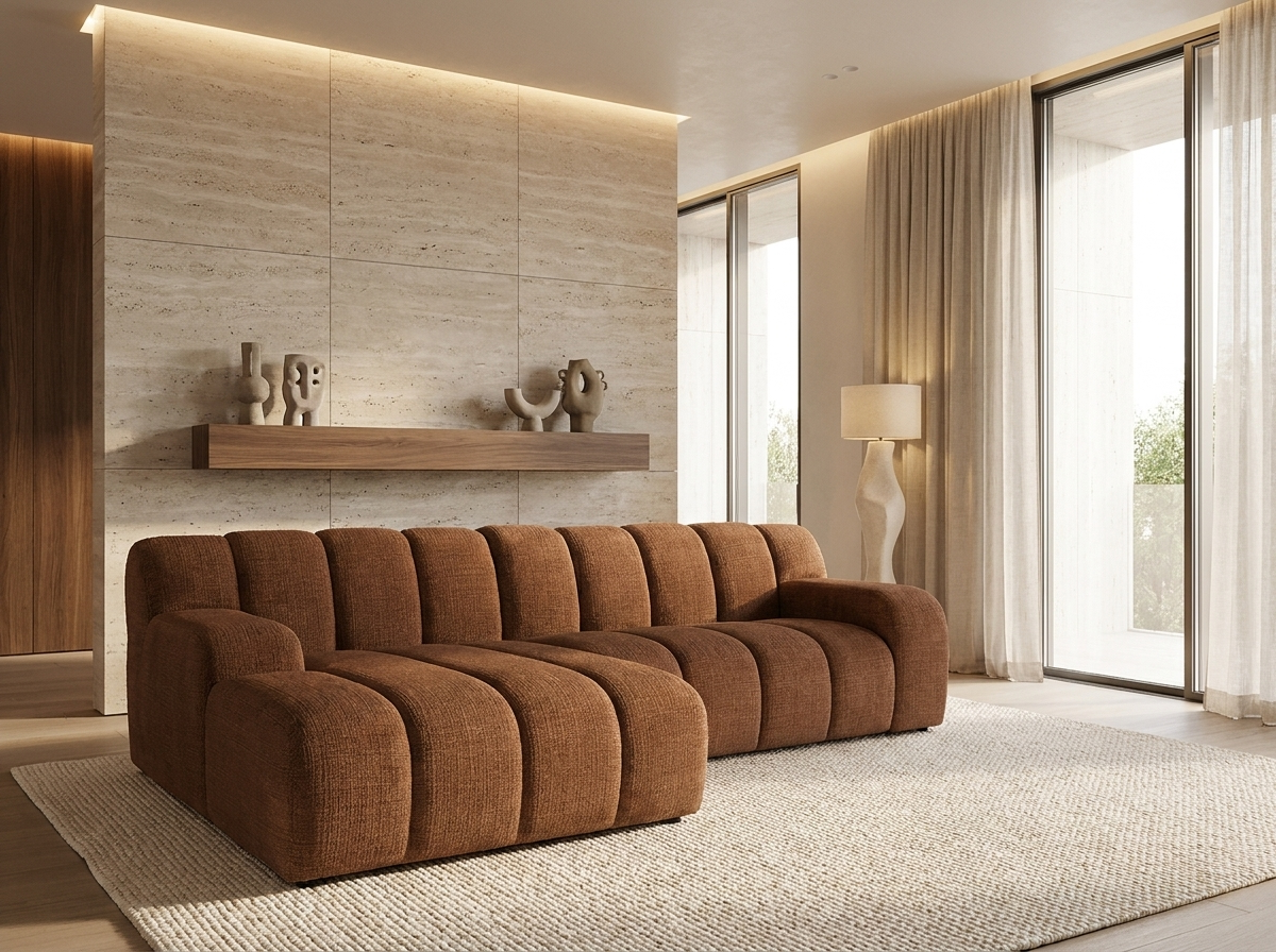 Canapé Bubble d'angle en tissu chenille terracotta - BELADON