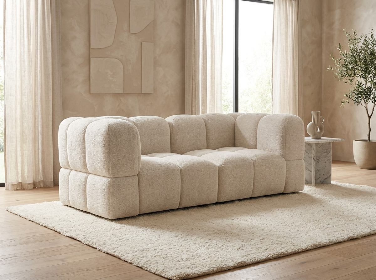Canapé Bubble modulable 3 places velours texturé crème - NUBI