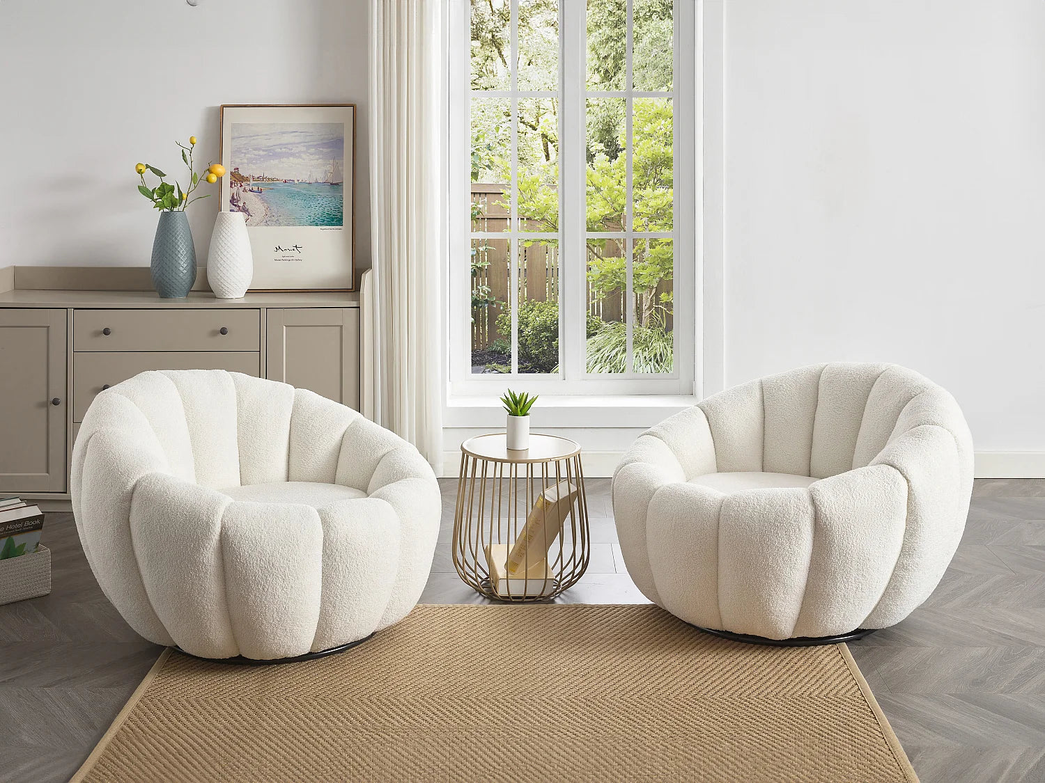 Fauteuil coquillage Bubble pivotant en tissu bouclette blanc - COSSATO