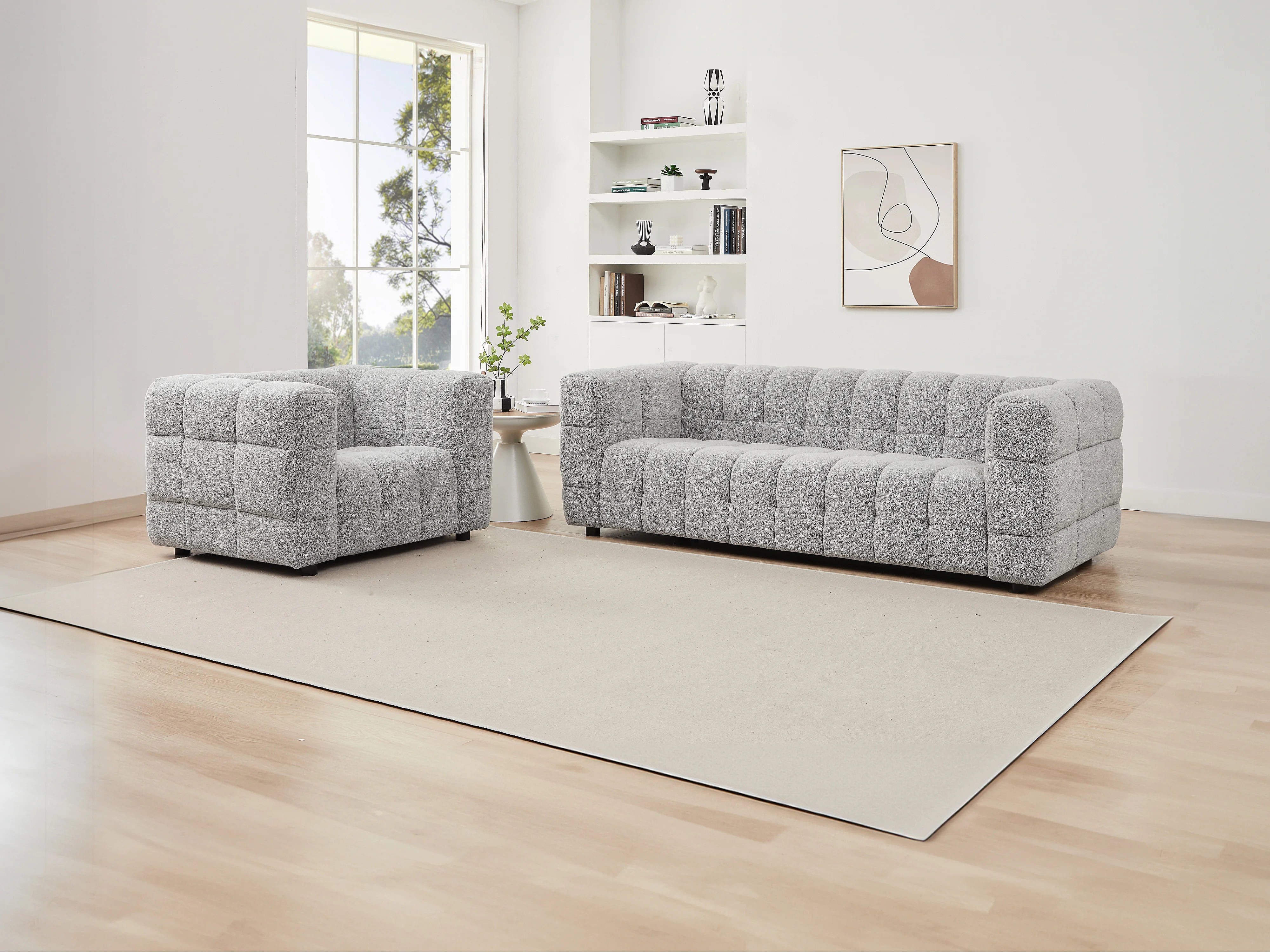 Canapé Bubble 3 places en tissu bouclette gris clair - LERICI