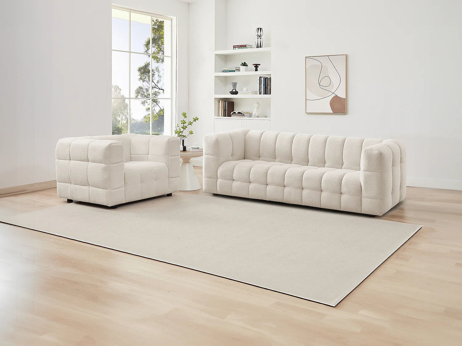 Fauteuil Bubble Carré en tissu bouclette blanc ivoire - LERICI