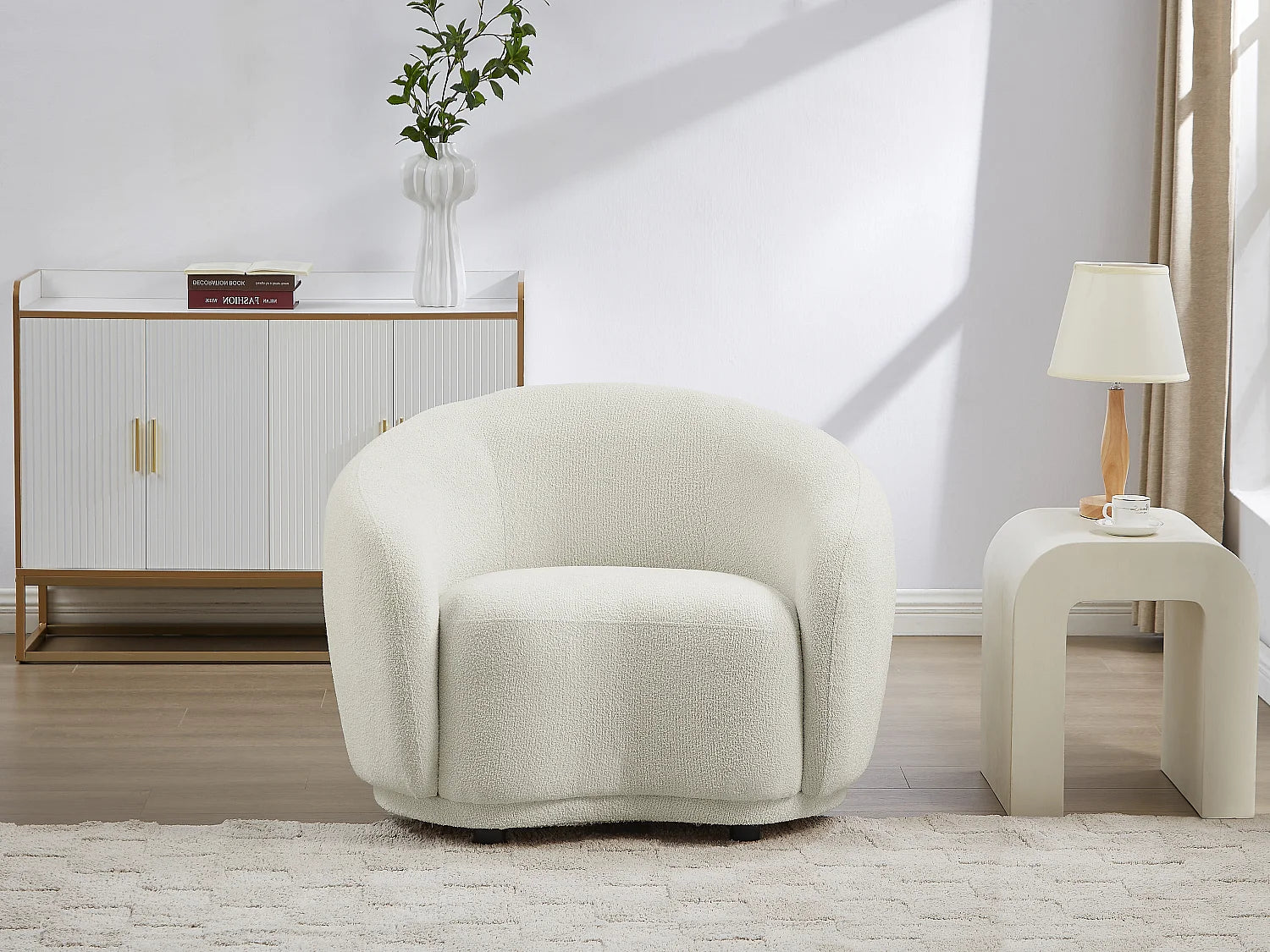 Fauteuil Bubble Scandinave en tissu bouclette blanc ivoire - BOVANA