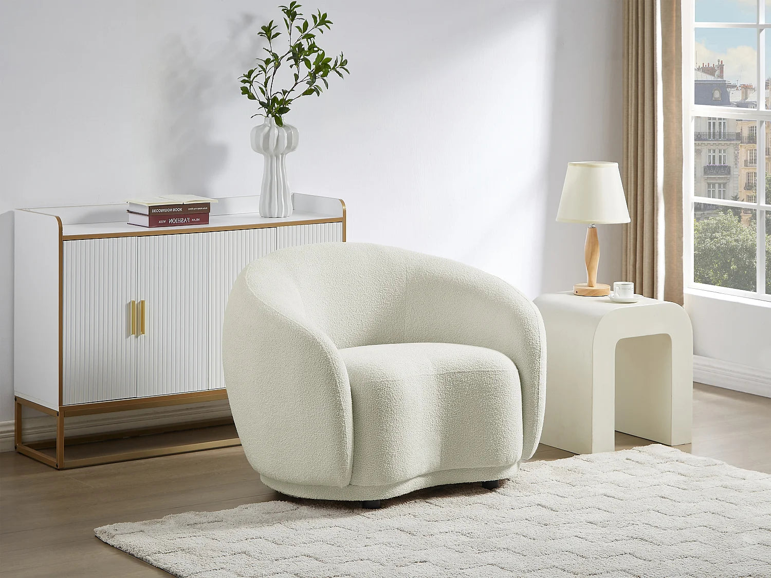 Fauteuil Bubble Scandinave en tissu bouclette blanc ivoire - BOVANA