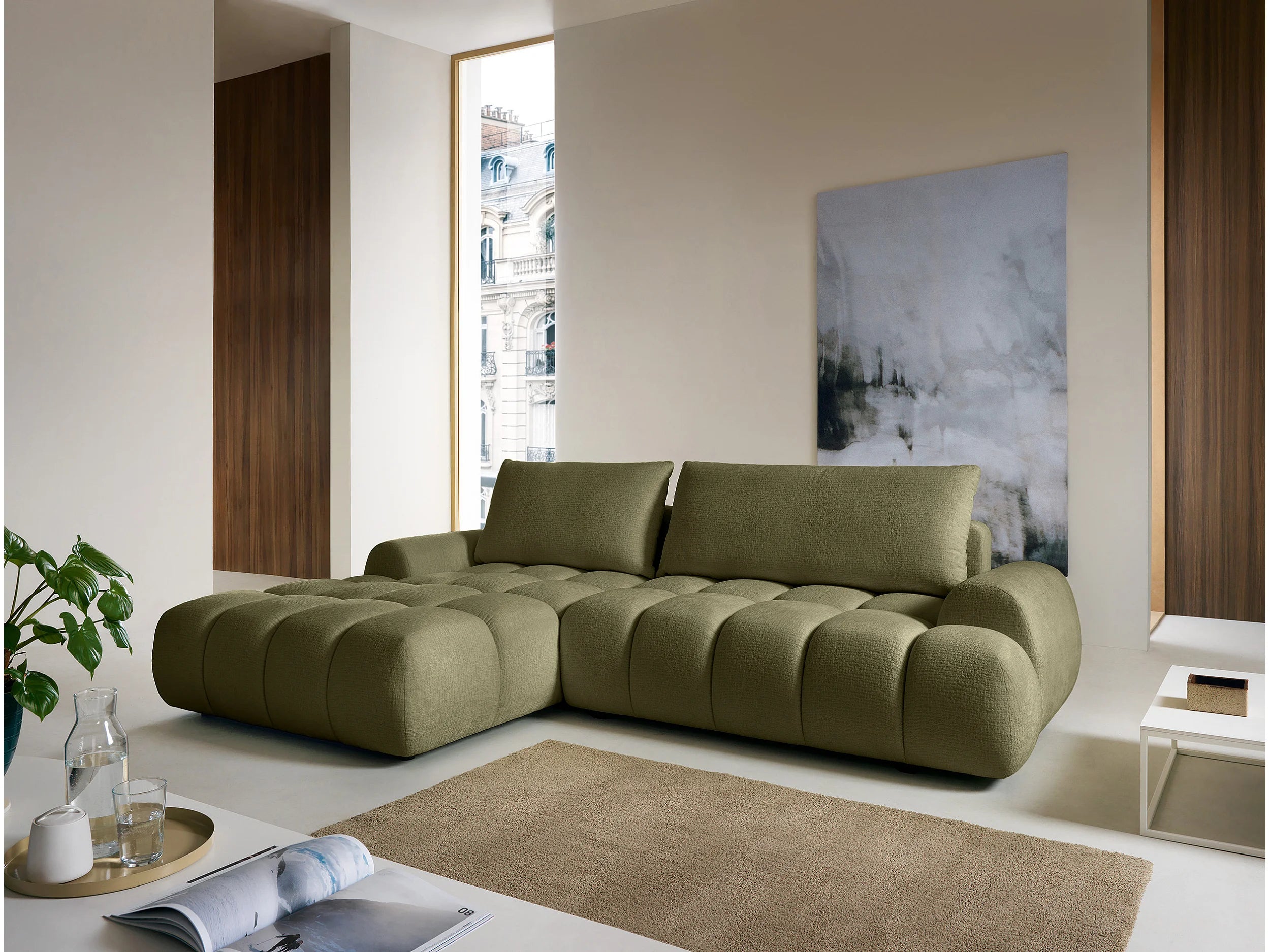 Canapé Bubble d'angle gauche convertible en tissu chenille vert - FARNETA