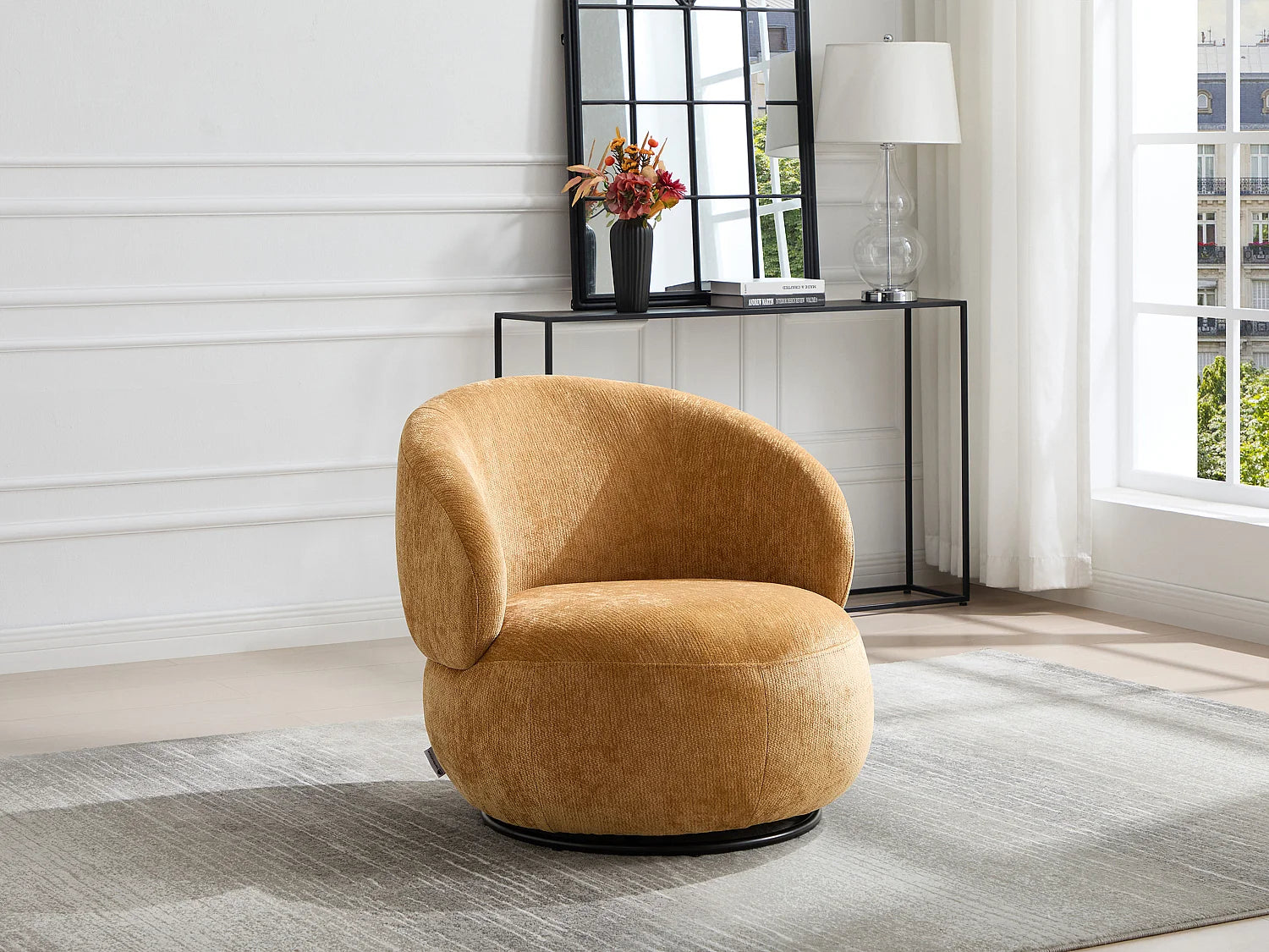 Fauteuil Bubble rotatif en tissu texturé jaune moutarde - LACAZO