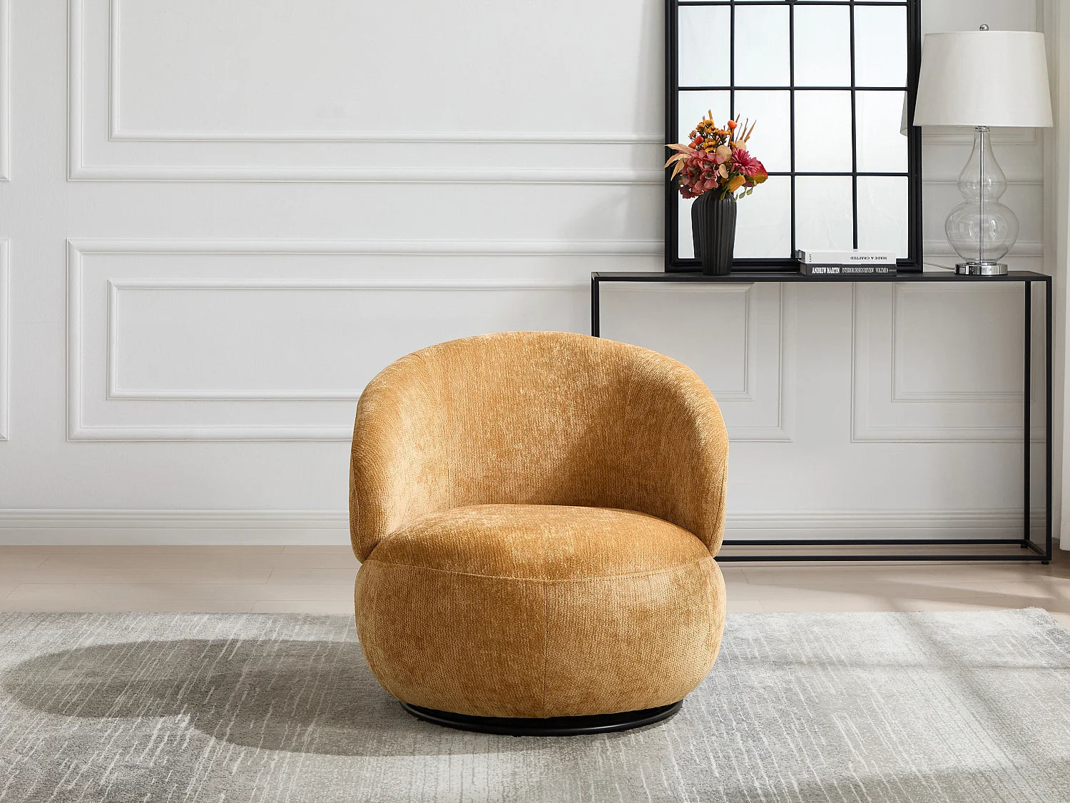 Fauteuil Bubble rotatif en tissu texturé jaune moutarde - LACAZO
