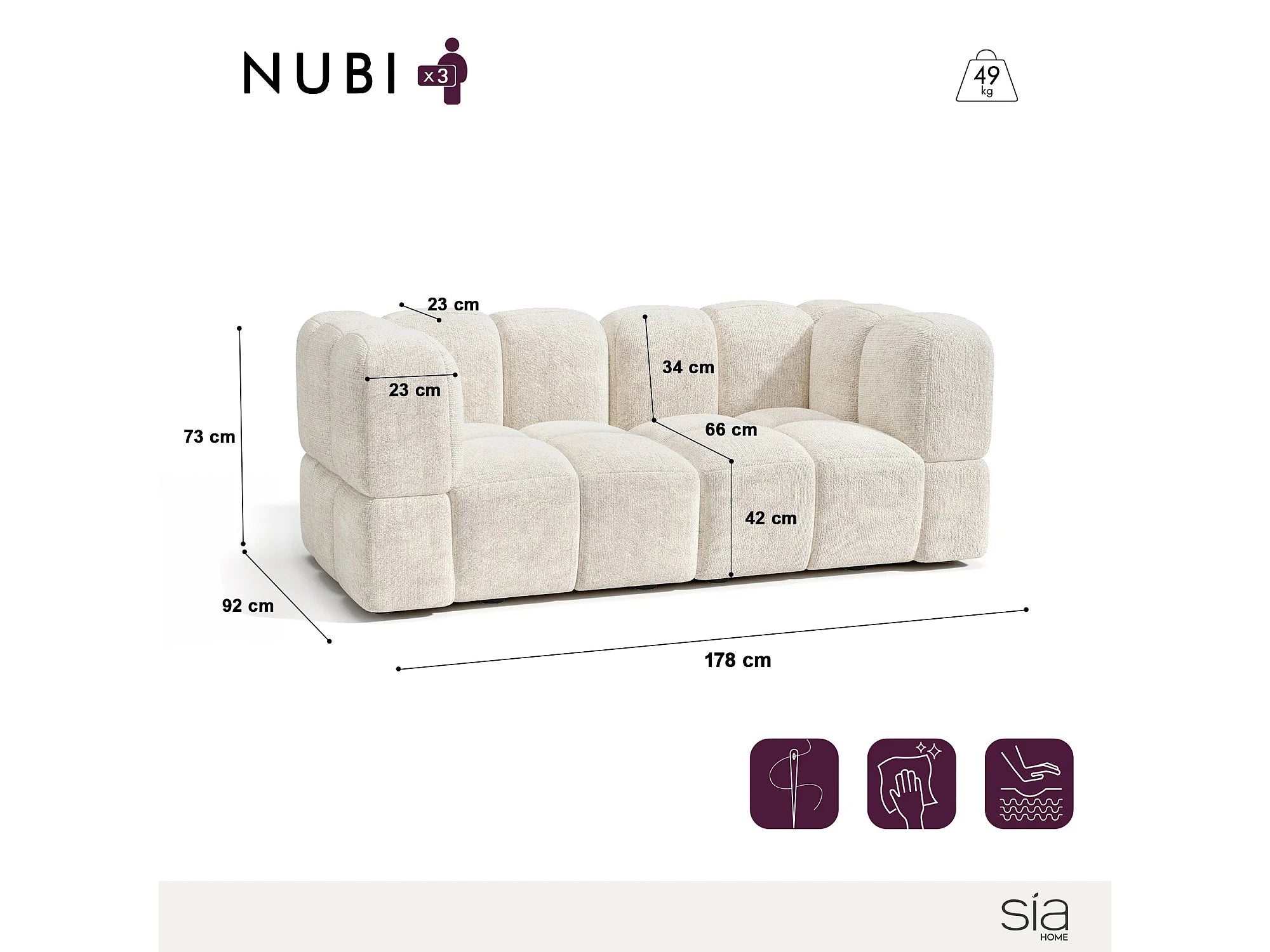 Canapé Bubble modulable 3 places velours texturé crème - NUBI