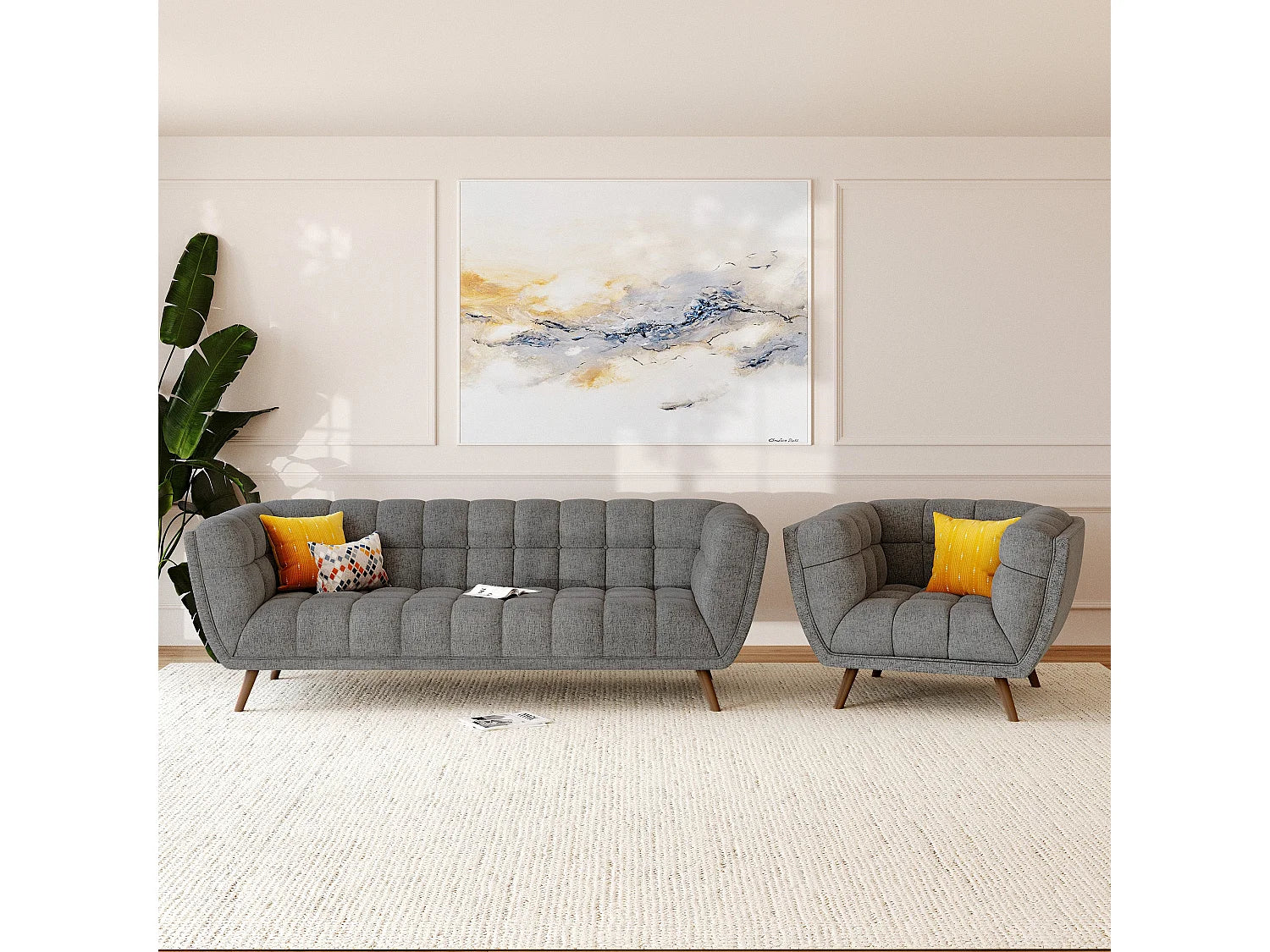 Fauteuil Bubble capitonné en tissu gris - CARMEN