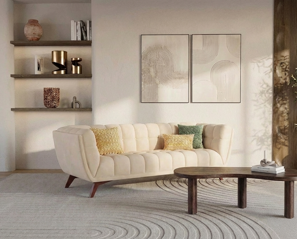 Canapé 3 places vintage en velours beige - MONA