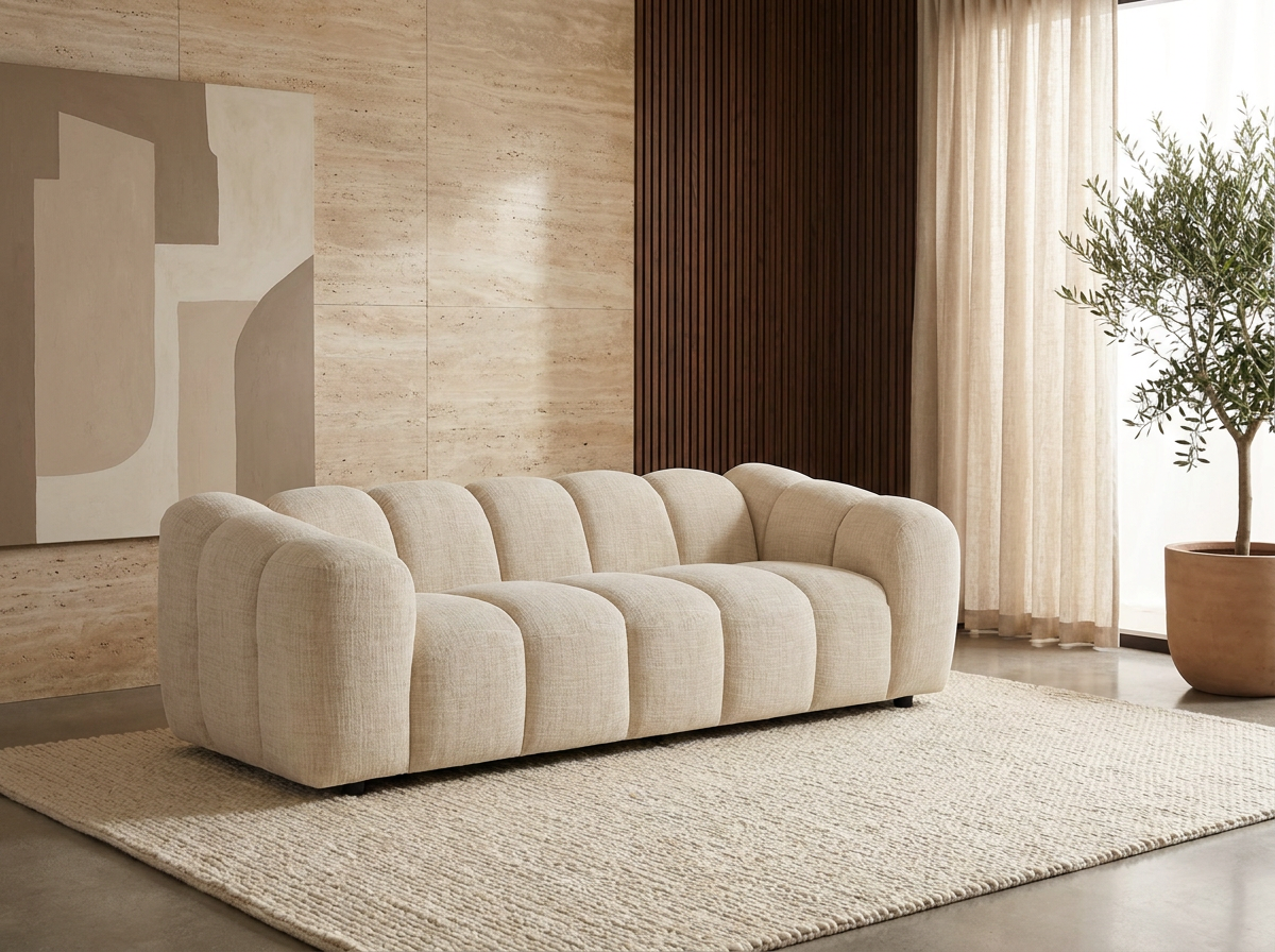 Canapé Bubble Organique 3 places en tissu chenille beige - NELIMAR
