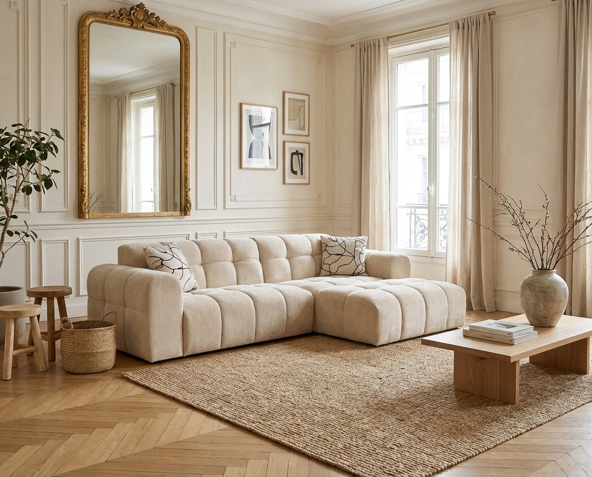 Canapé Bubble d'angle 3 places en velours beige - SALFORD