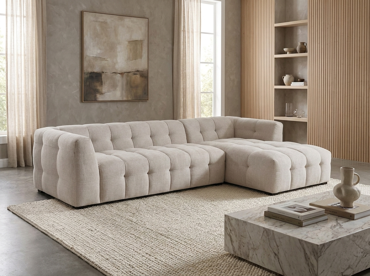 Canapé Bubble d'angle droit 5 places et pouf beige - DILOME
