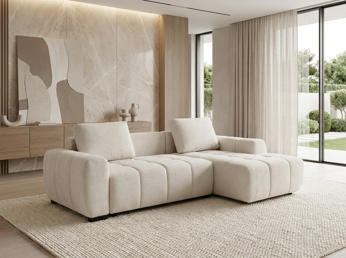 Canapé Bubble d'angle droit convertible en tissu chenille beige - KOUMALO