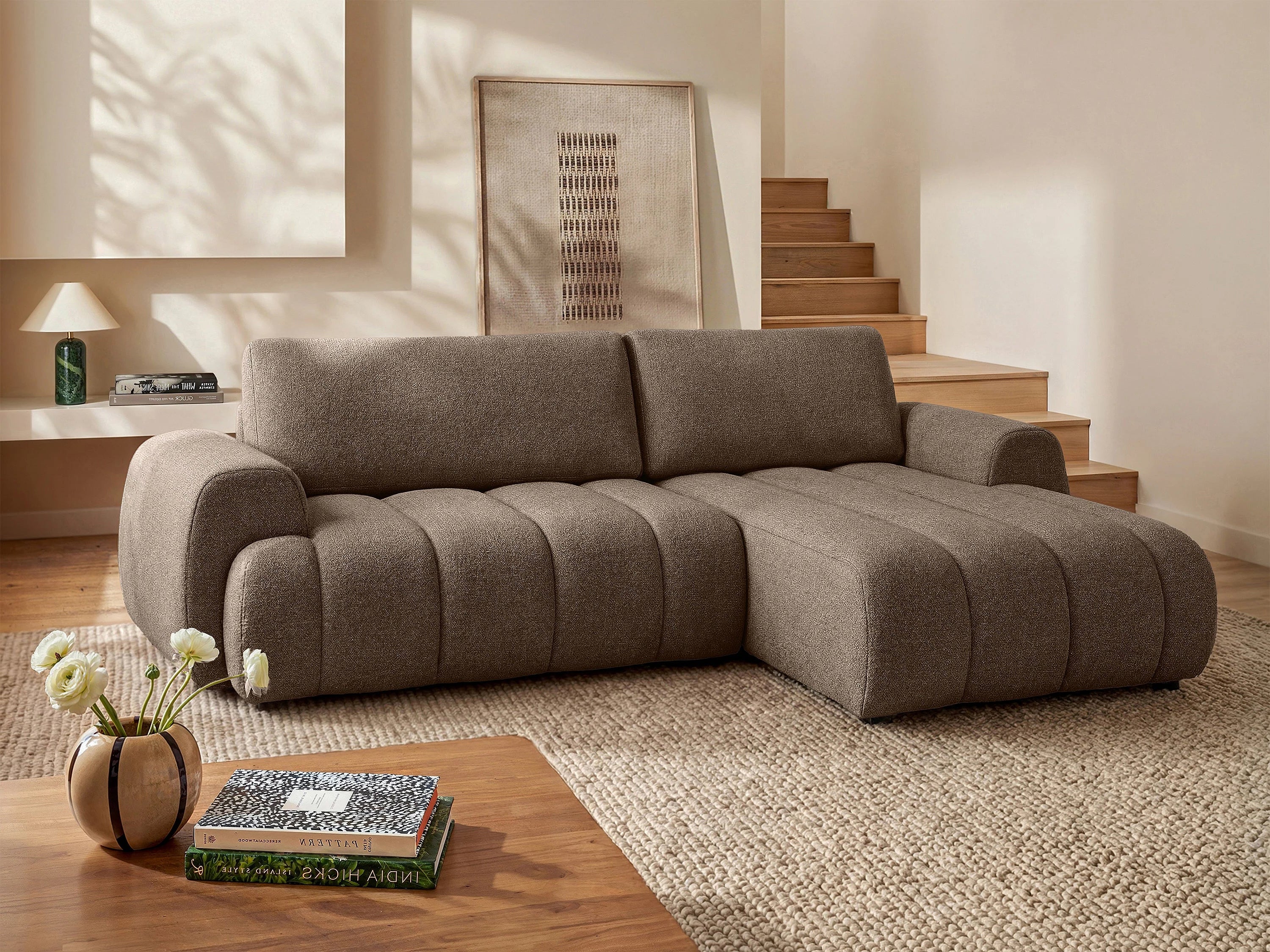 Canapé Bubble d'angle gauche convertible en tissu marron - FRIDORA
