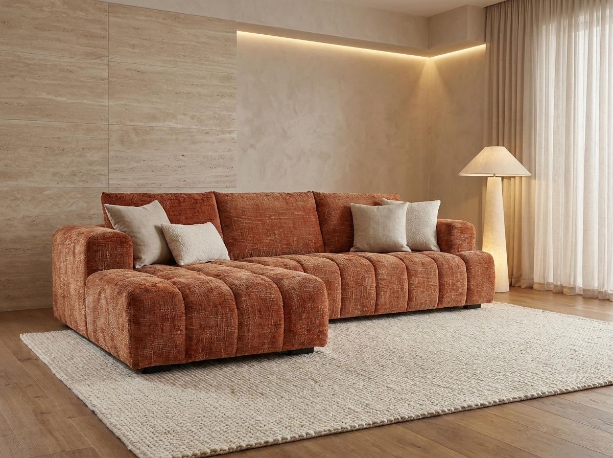 Canapé Bubble d'angle gauche en tissu texturé terracotta - BENOLA