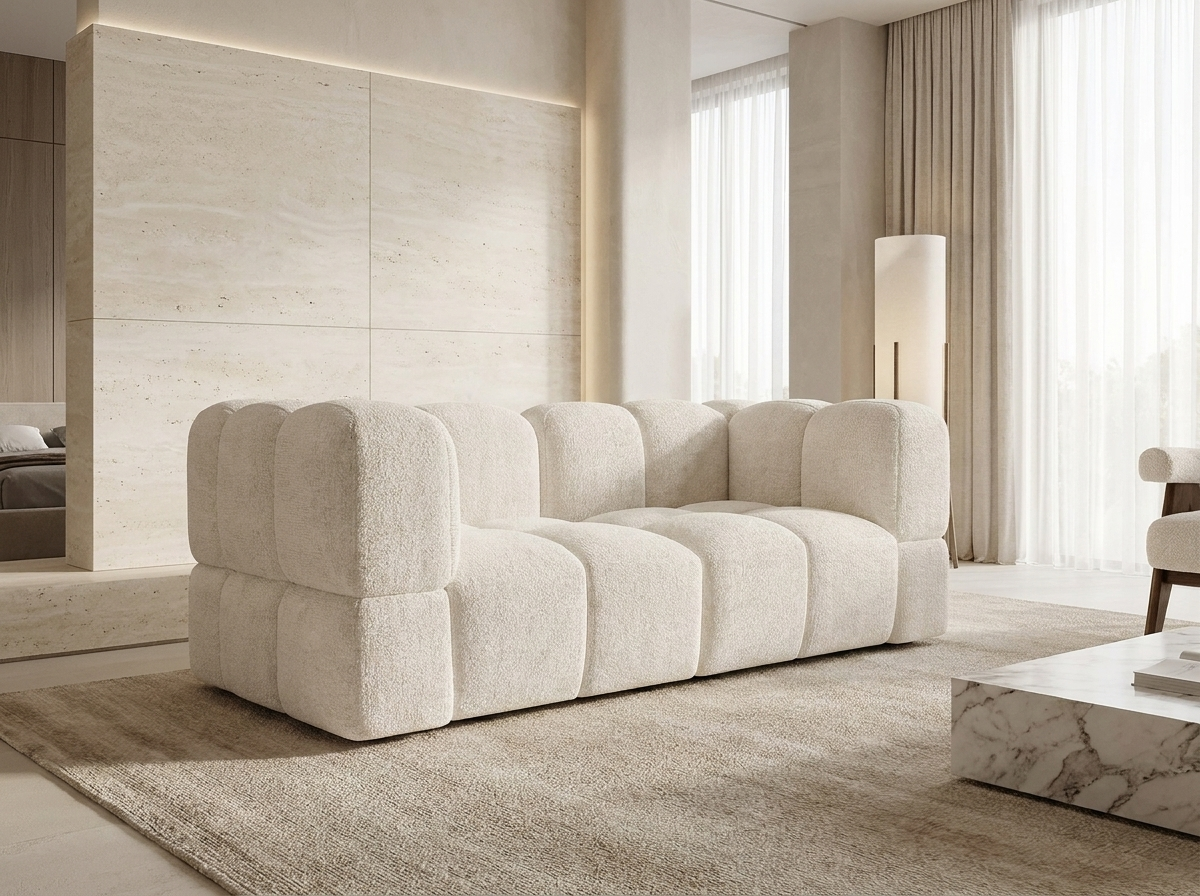 Canapé Bubble modulable 3 places velours texturé crème - NUBI