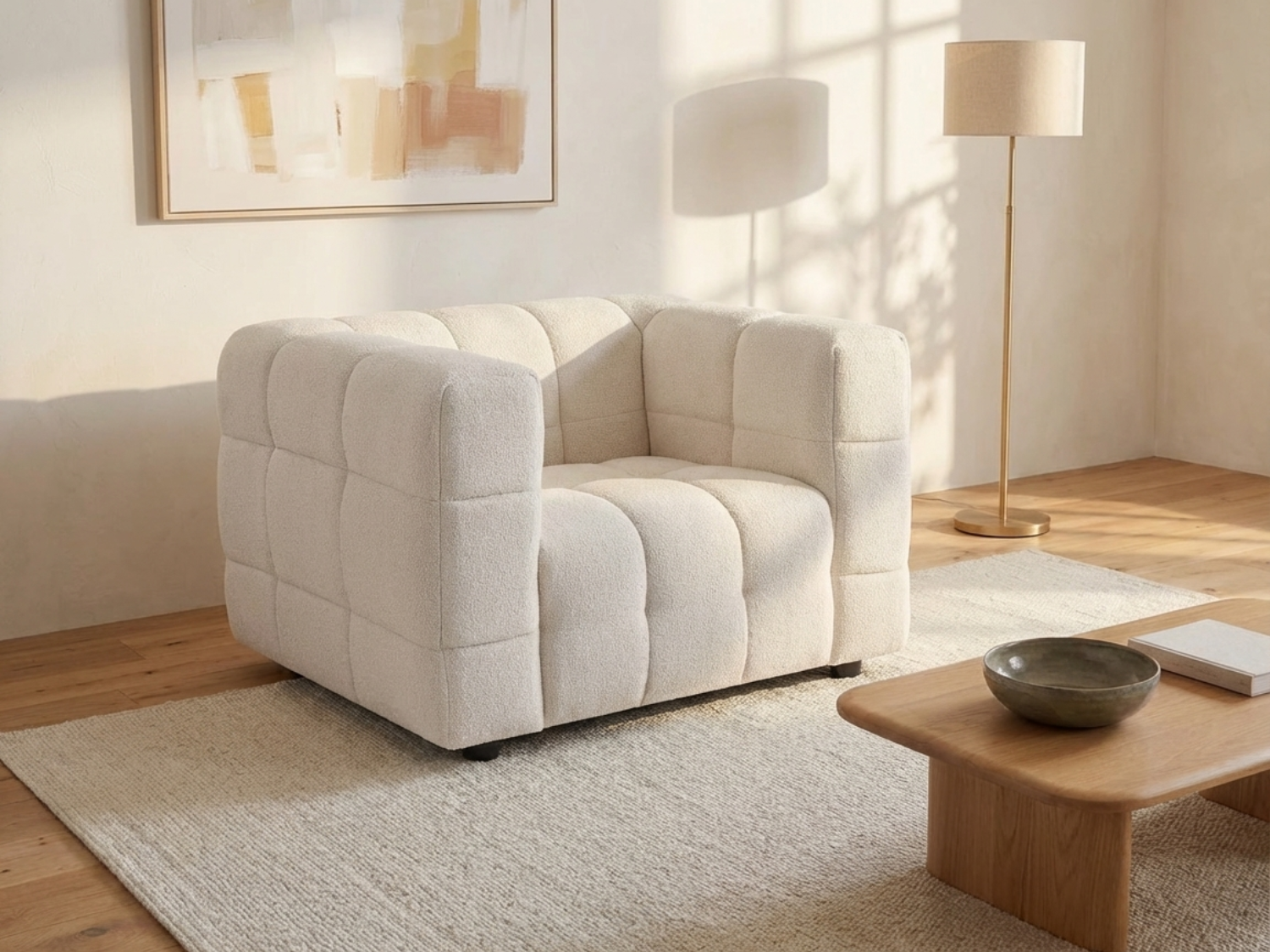 Fauteuil Bubble Carré en tissu bouclette blanc ivoire - LERICI