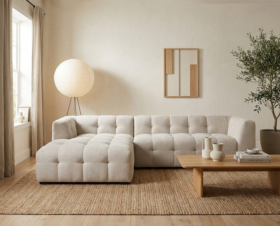 Canapé Bubble d'angle droit 5 places et pouf beige - DILOME