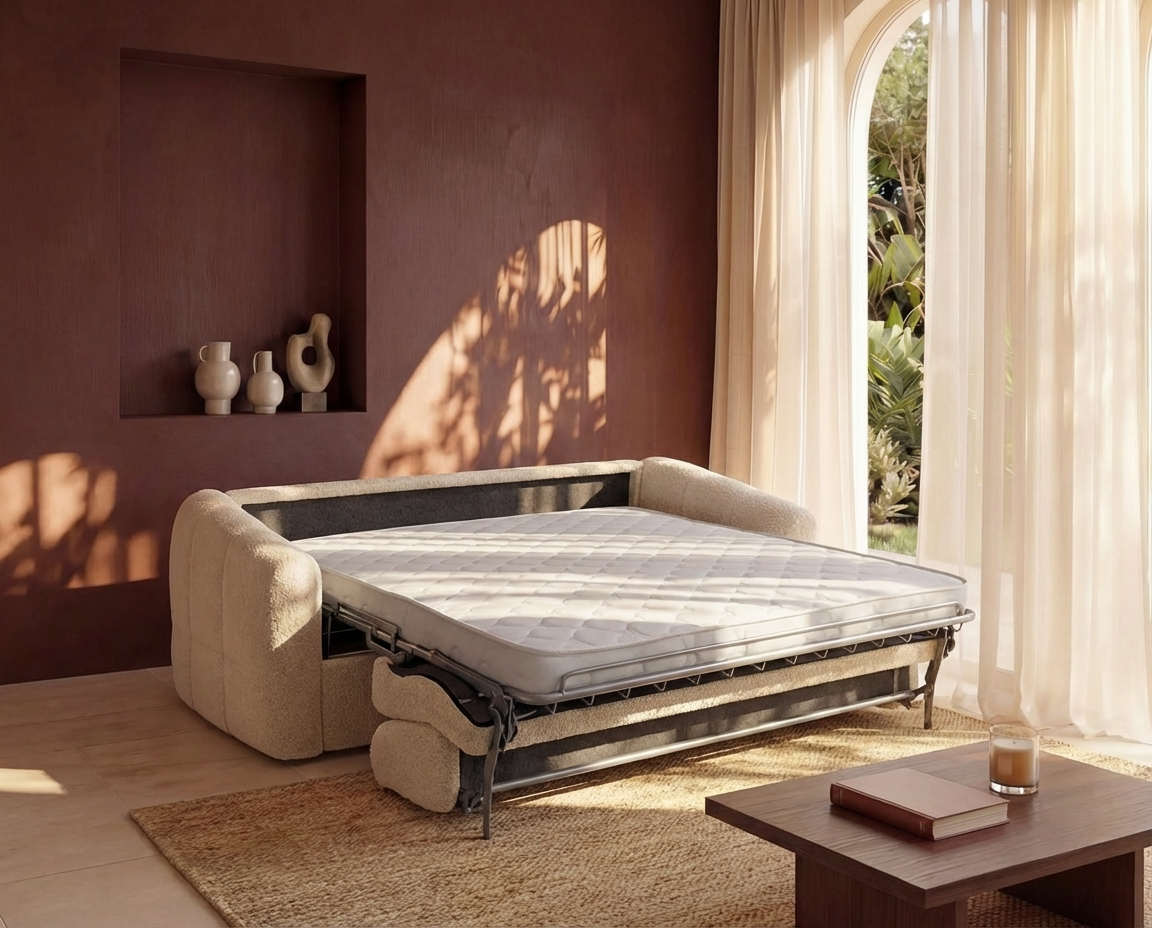 Canapé Bubble convertible en bouclette beige - RETUNA