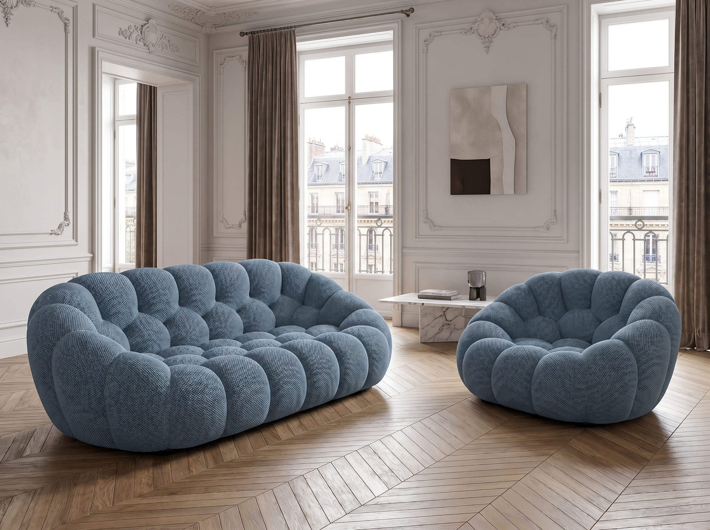 Ensemble Canapé 3 places + Fauteuil Bubble Bleu Ardoise - Coco Living