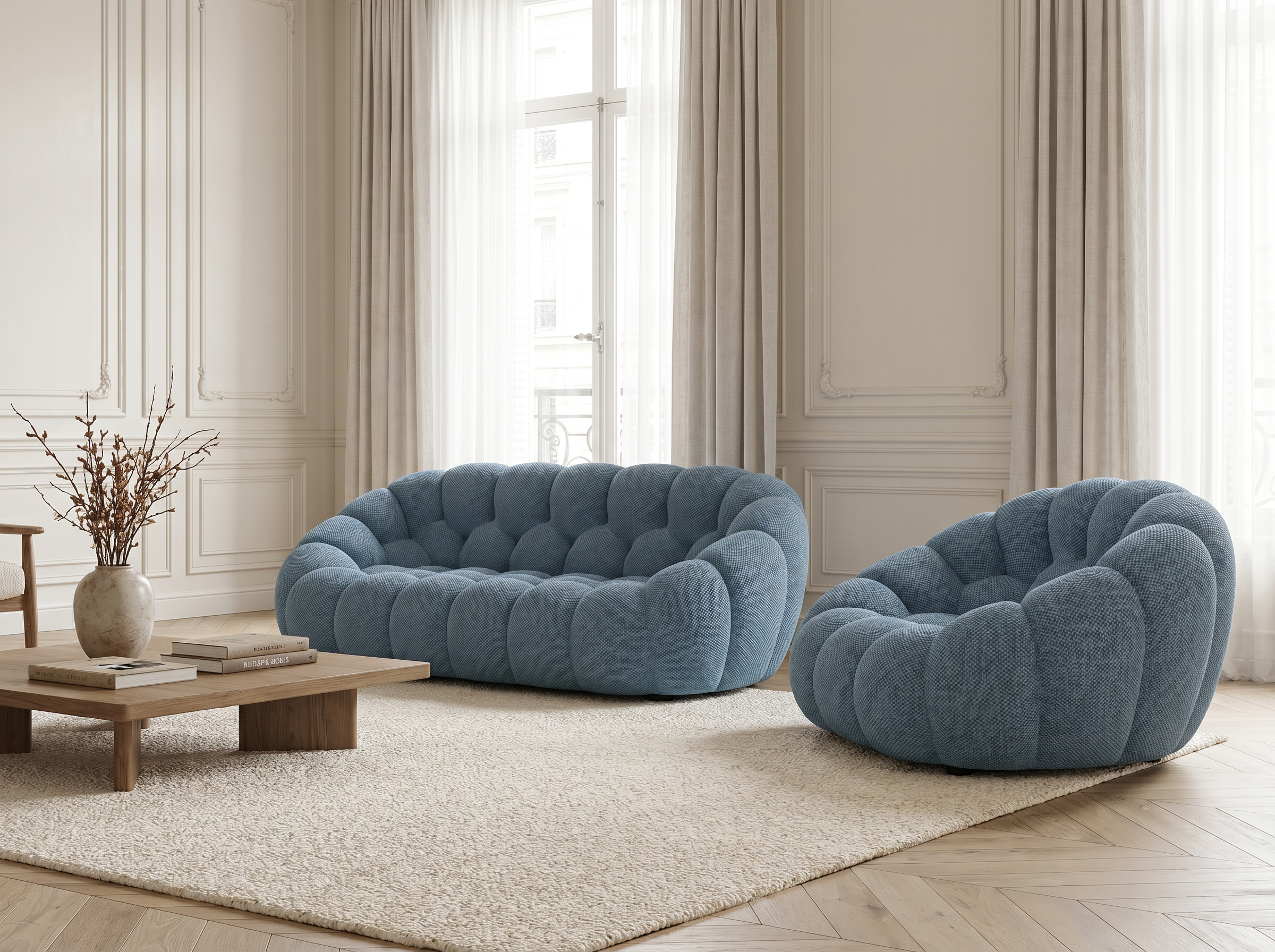Ensemble Canapé 3 places + Fauteuil Bubble Bleu Ardoise - Coco Living