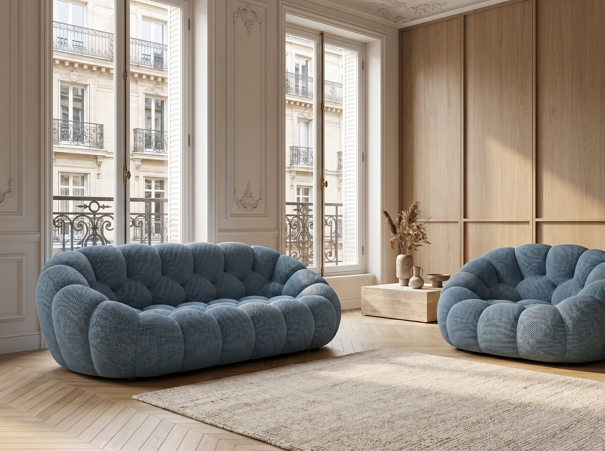 Ensemble Canapé 3 places + Fauteuil Bubble Bleu Ardoise - Coco Living