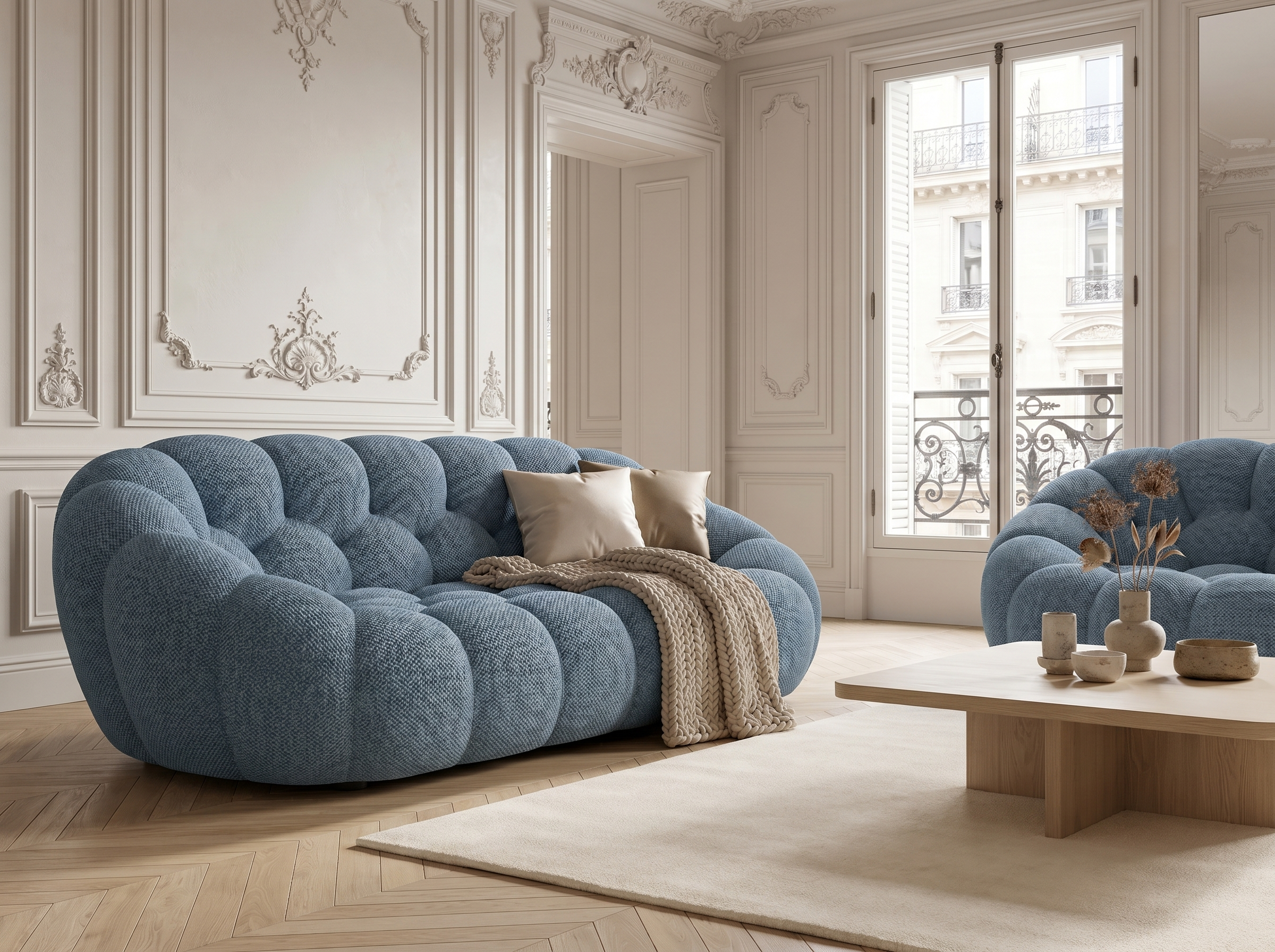 Ensemble Canapé 3 places + Fauteuil Bubble Bleu Ardoise - Coco Living