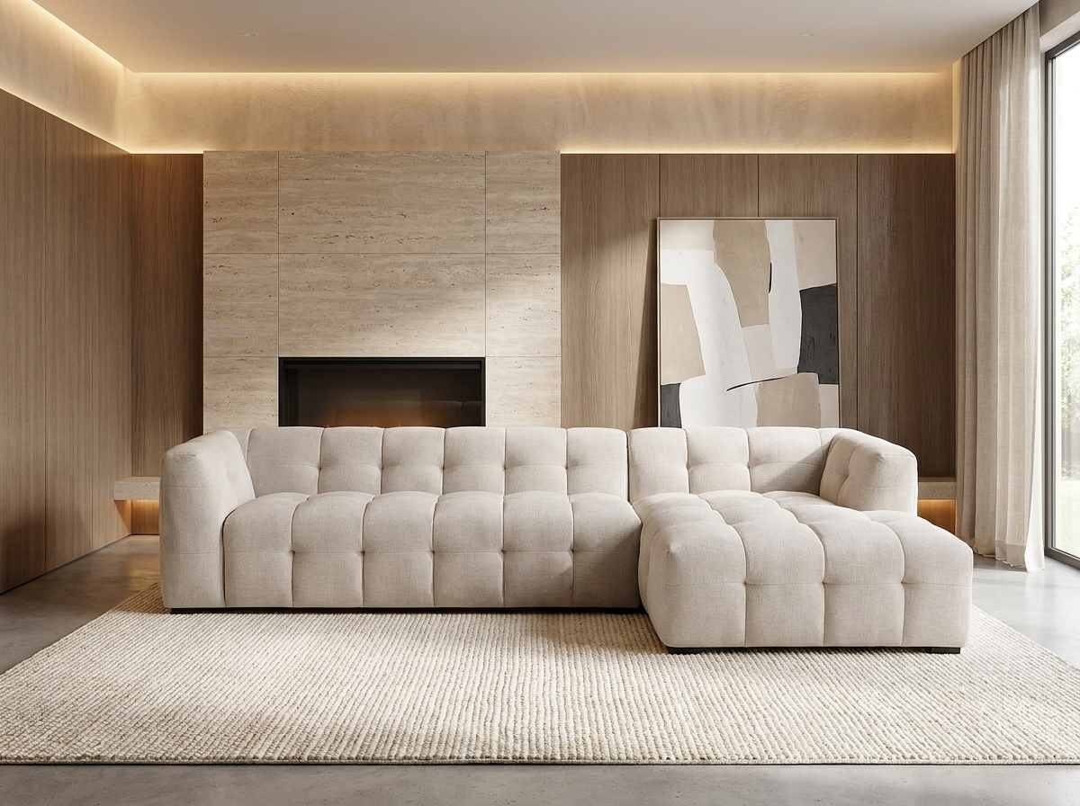 Canapé Bubble d'angle droit 5 places et pouf beige - DILOME