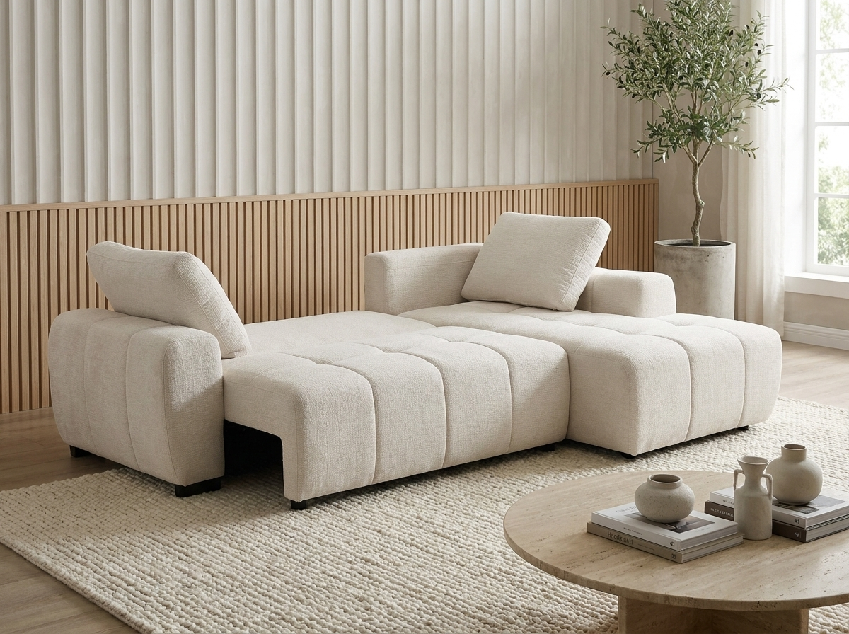 Canapé Bubble d'angle droit convertible en tissu chenille beige - KOUMALO