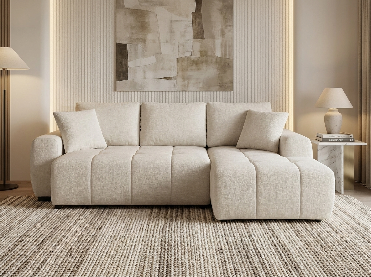 Canapé Bubble d'angle droit convertible en tissu chenille beige - KOUMALO
