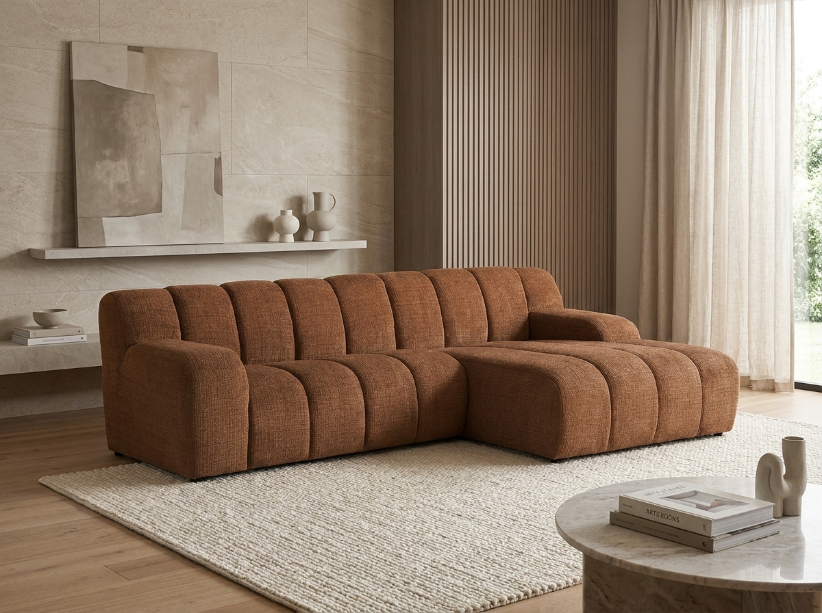 Canapé Bubble d'angle en tissu chenille terracotta - BELADON
