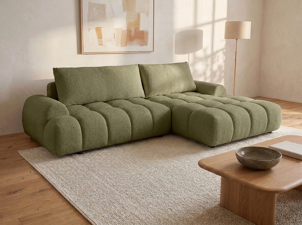 Canapé Bubble d'angle gauche convertible en tissu chenille vert - FARNETA