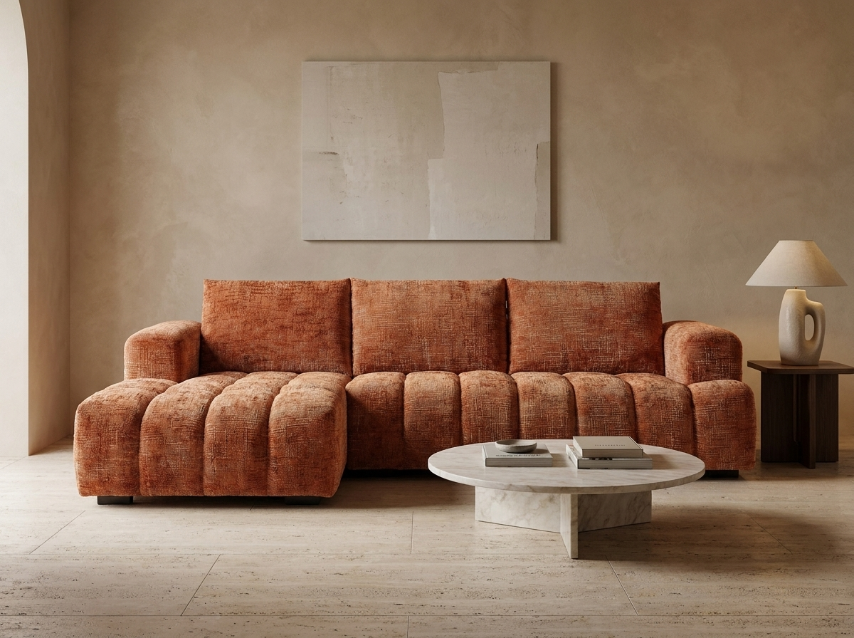 Canapé Bubble d'angle gauche en tissu texturé terracotta - BENOLA