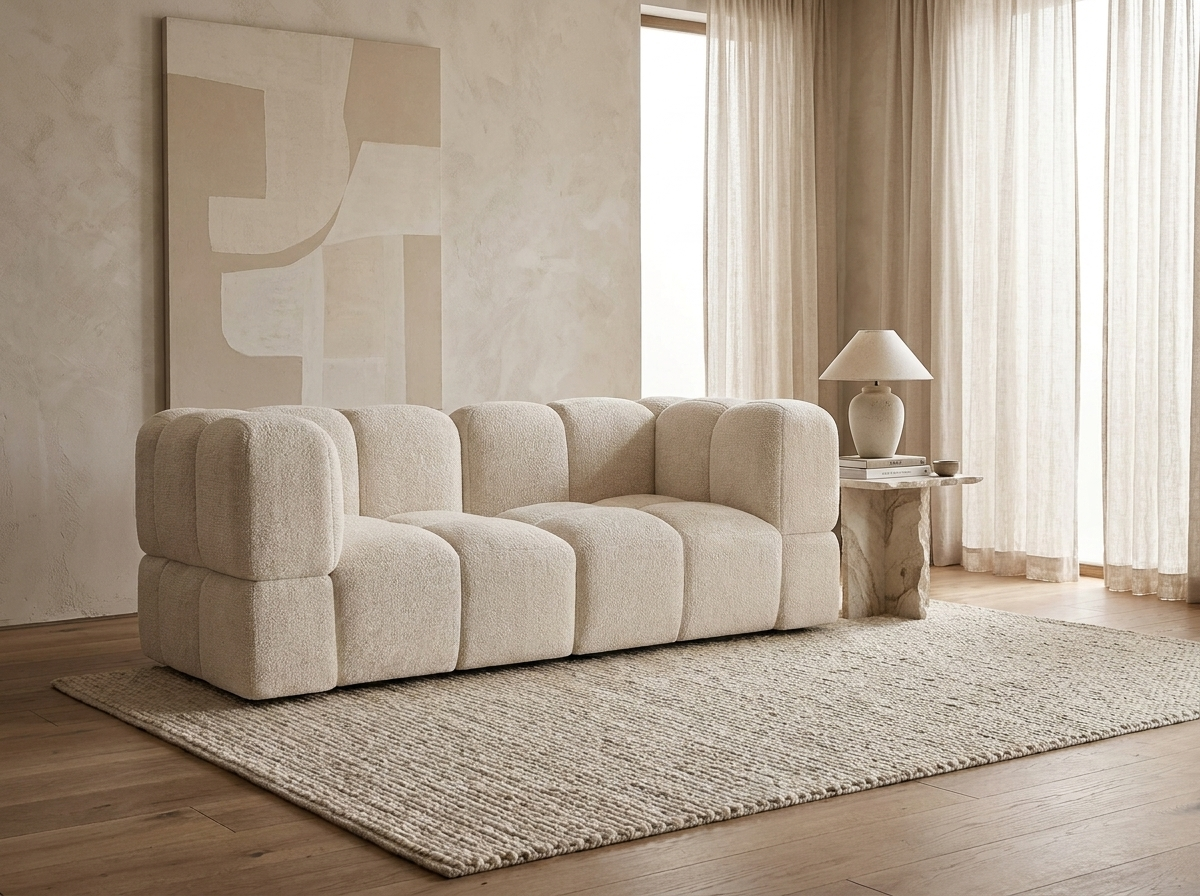 Canapé Bubble modulable 3 places velours texturé crème - NUBI